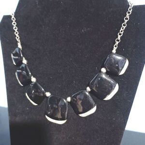 Vintage Silver-Toned Black Enamel w/ Granulated Bottoms Necklace, 16"